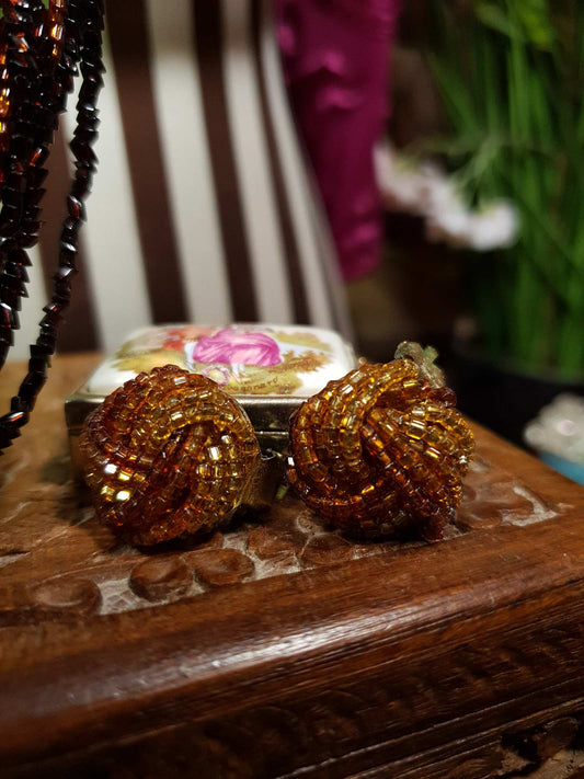 Vintage 1950s Seed Bead Necklace Earrings Set Copper Honey Brown Demi Parure