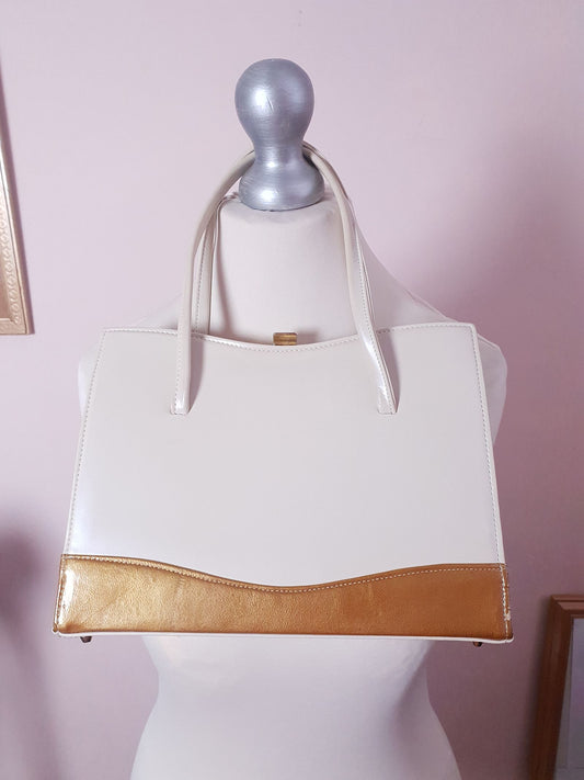Vintage 1950s Handbag Tote Bag Top Handle Cream and Gold Retro