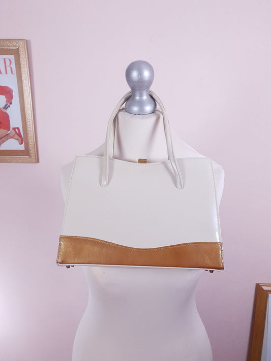 Vintage 1950s Handbag Tote Bag Top Handle Cream and Gold Retro