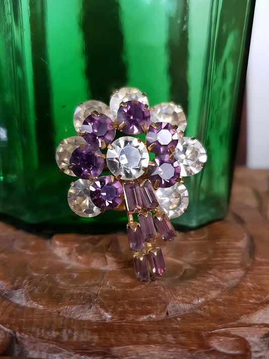Vintage 1950s Rhinestone Flower Brooch Pin Purple Floral Gold Tone Mid Century