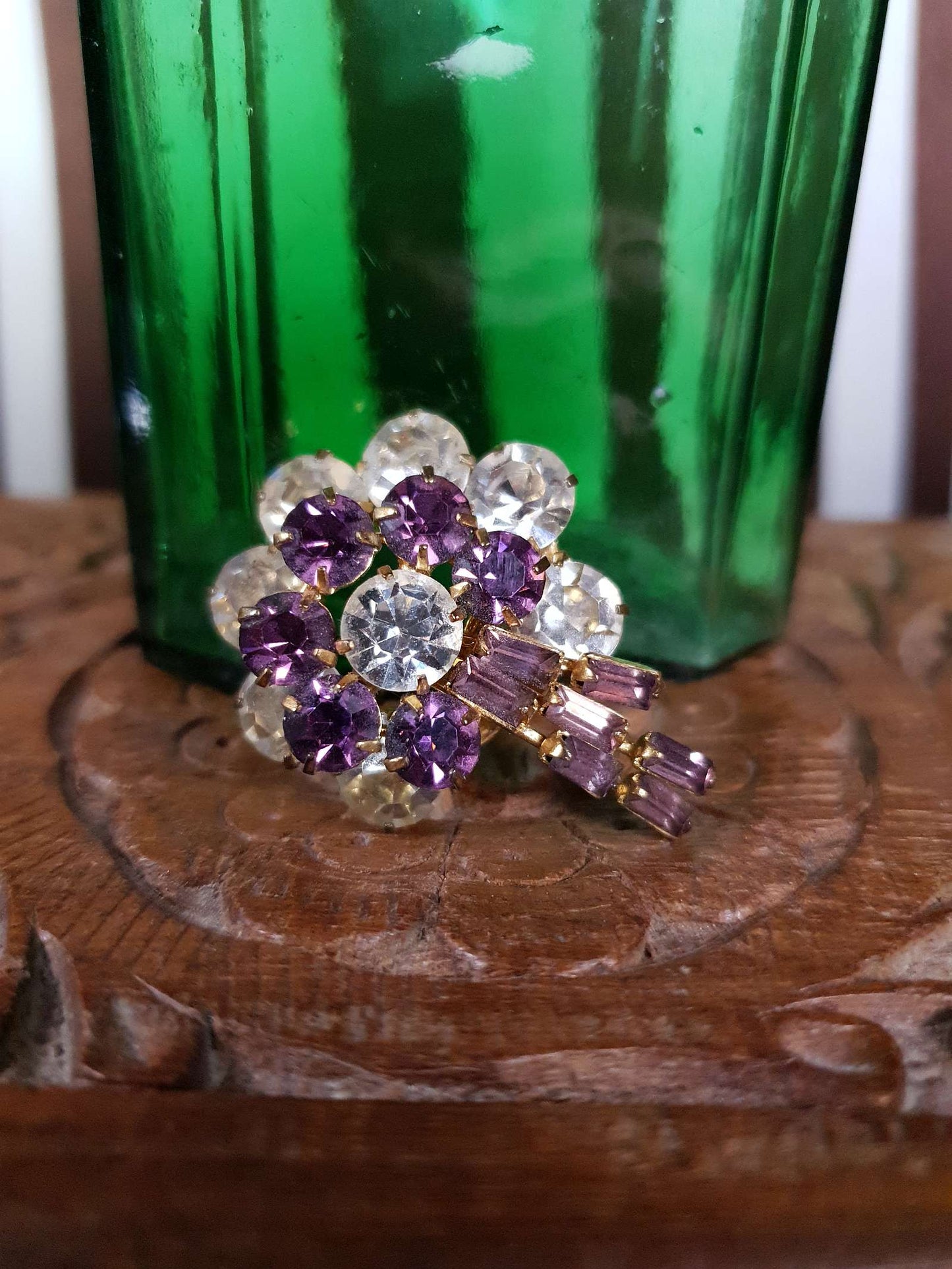 Vintage 1950s Rhinestone Flower Brooch Pin Purple Floral Gold Tone Mid Century