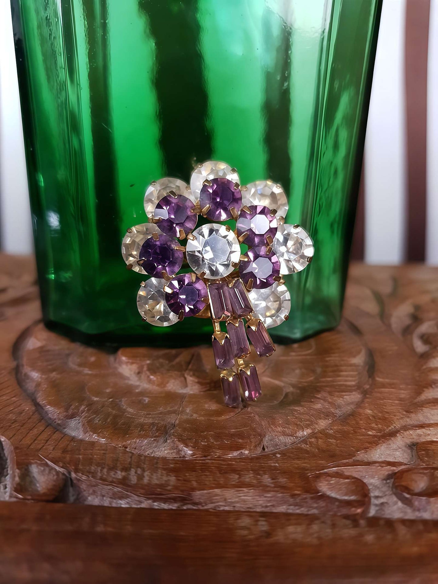 Vintage 1950s Rhinestone Flower Brooch Pin Purple Floral Gold Tone Mid Century