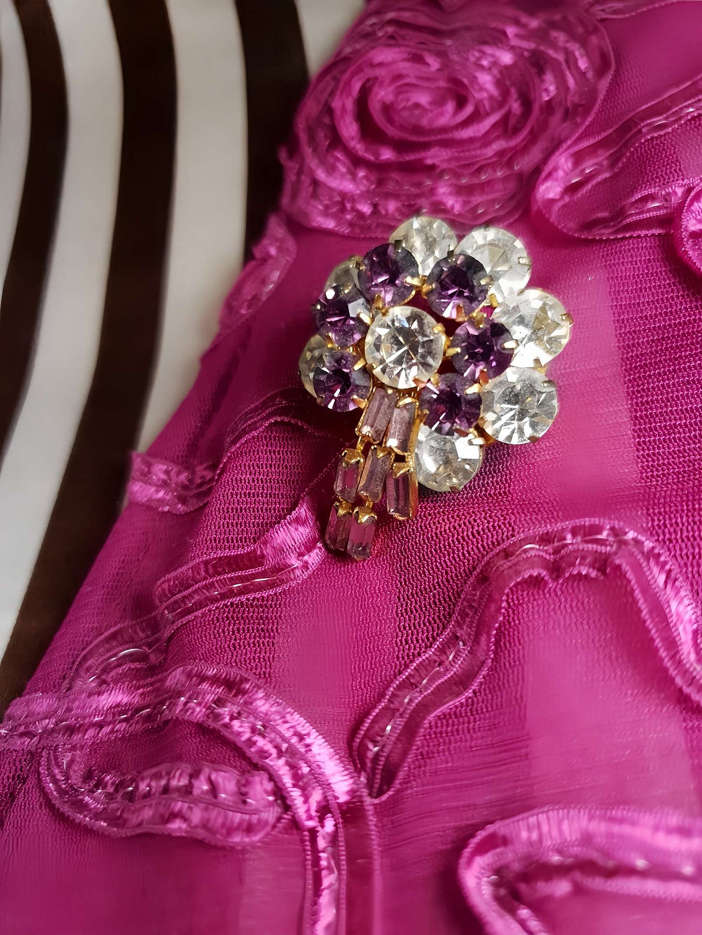 Vintage 1950s Rhinestone Flower Brooch Pin Purple Floral Gold Tone Mid Century