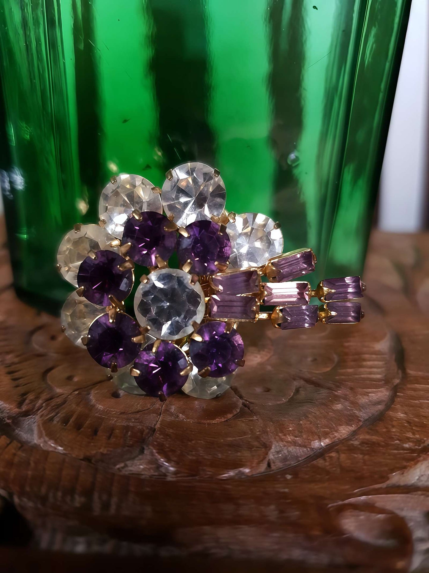 Vintage 1950s Rhinestone Flower Brooch Pin Purple Floral Gold Tone Mid Century