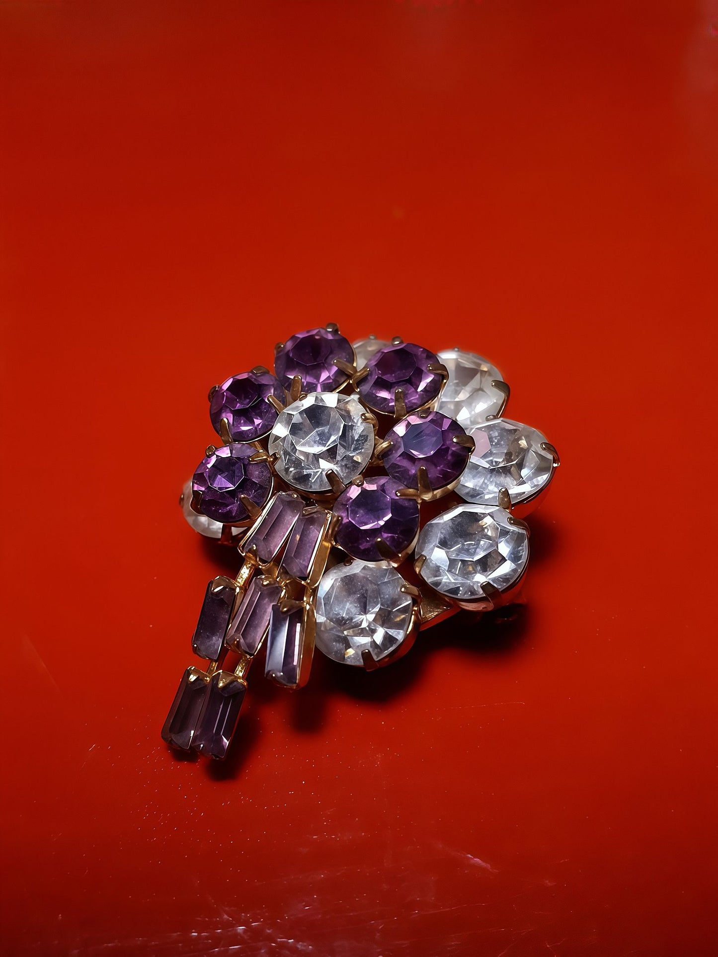 Vintage 1950s Rhinestone Flower Brooch Pin Purple Floral Gold Tone Mid Century