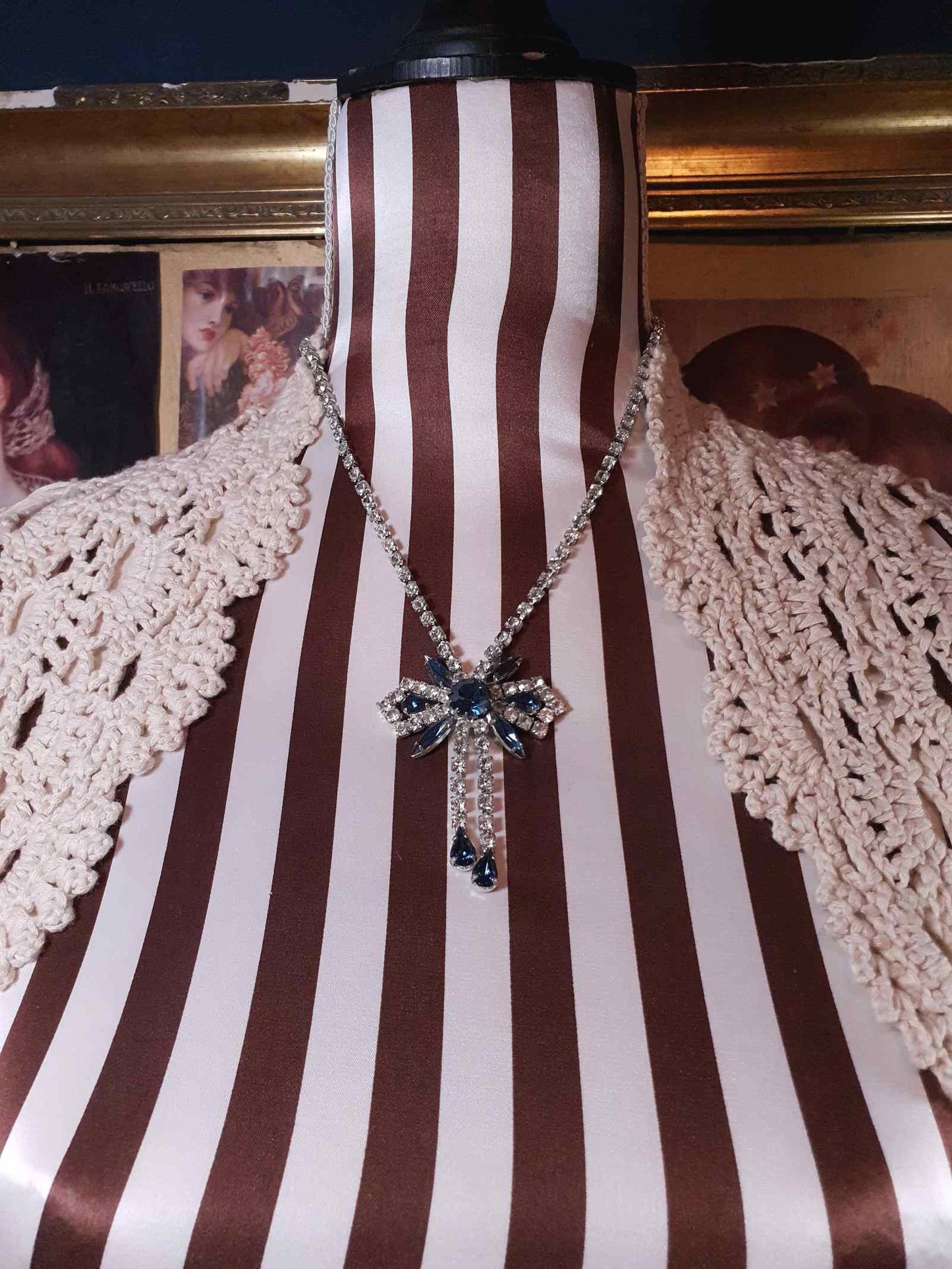 Vintage 1950s Rhinestone Bow Necklace Tassel Blue 15" - 17"