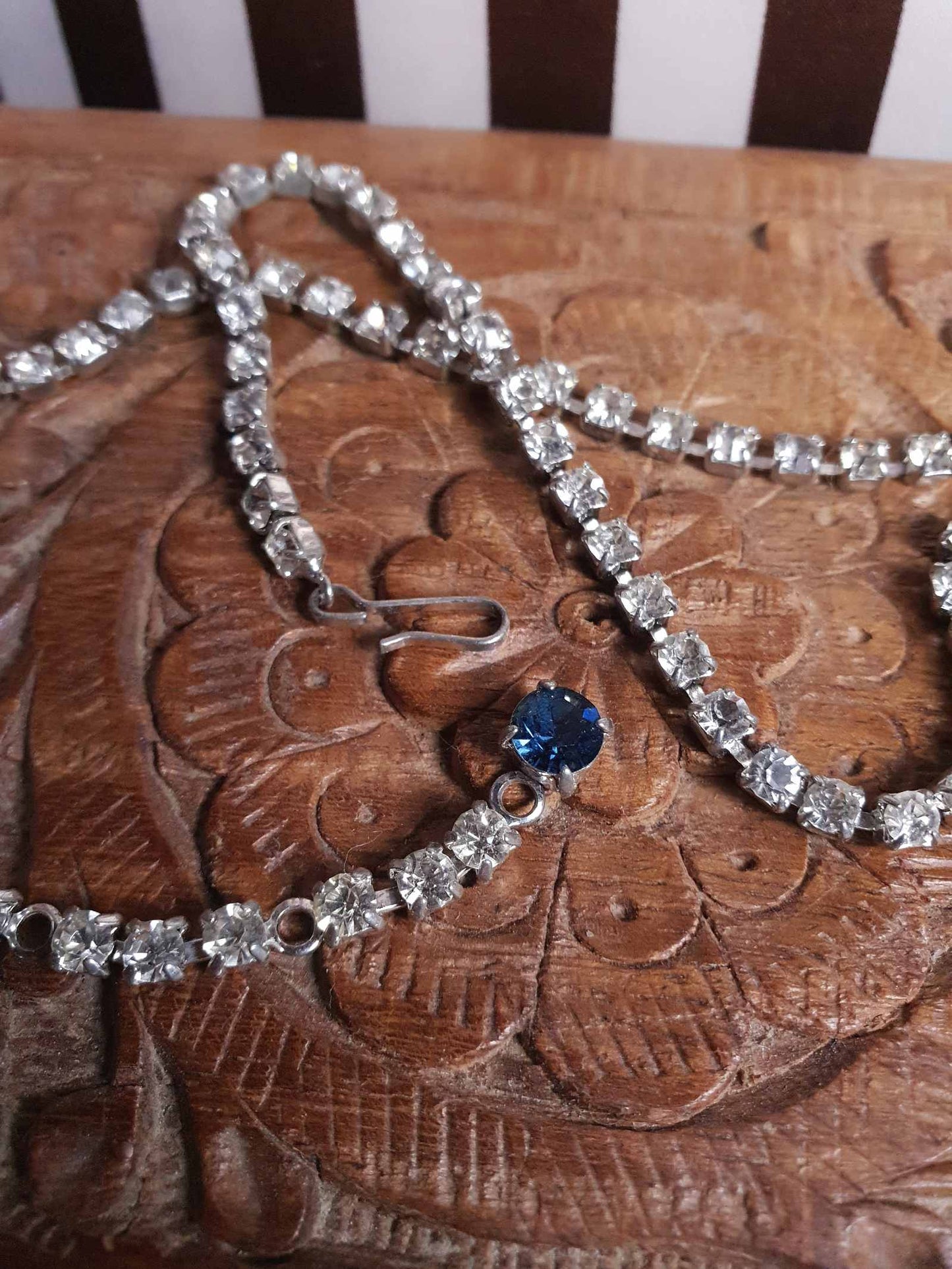 Vintage 1950s Rhinestone Bow Necklace Tassel Blue 15" - 17"