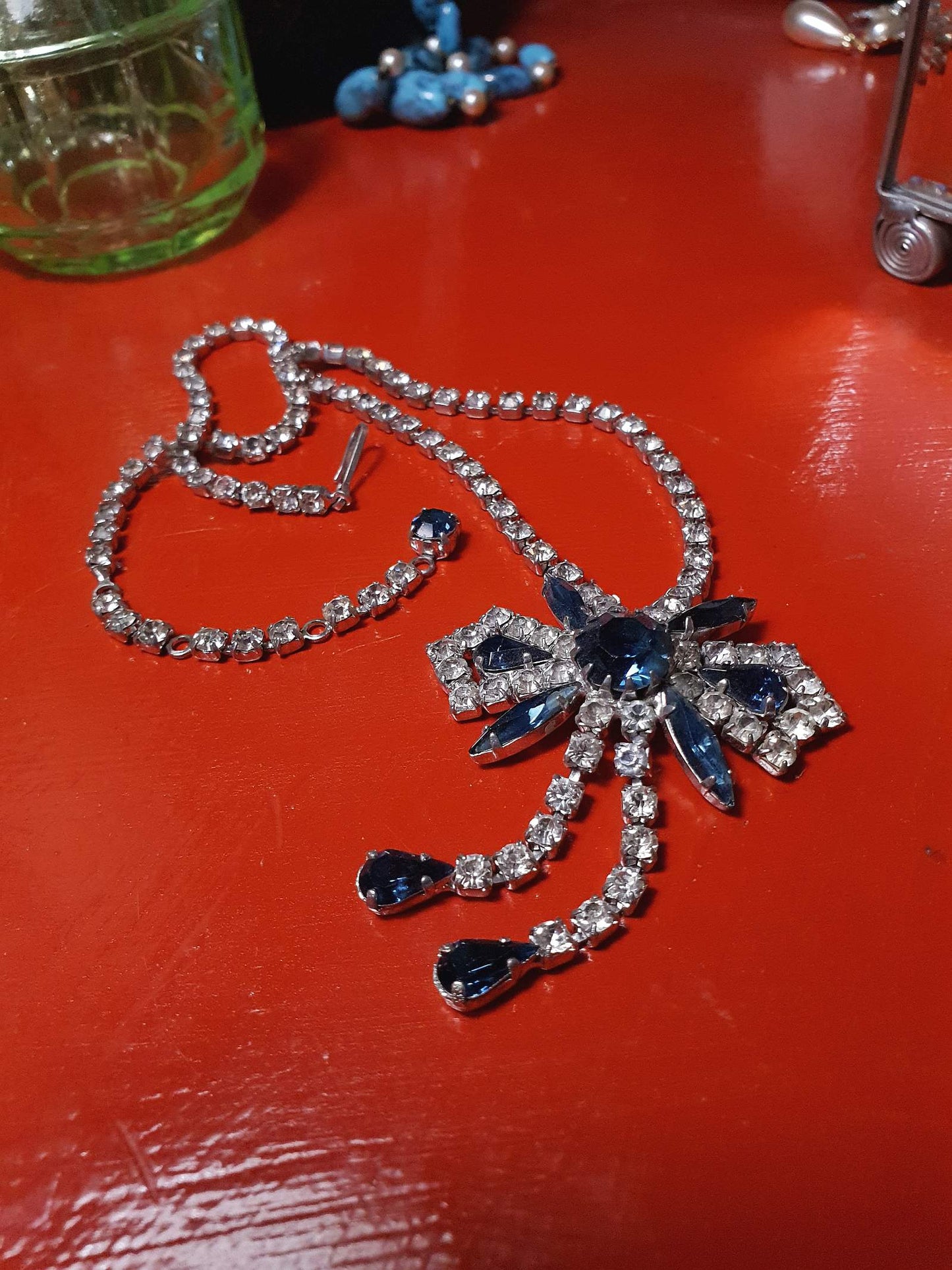 Vintage 1950s Rhinestone Bow Necklace Tassel Blue 15" - 17"