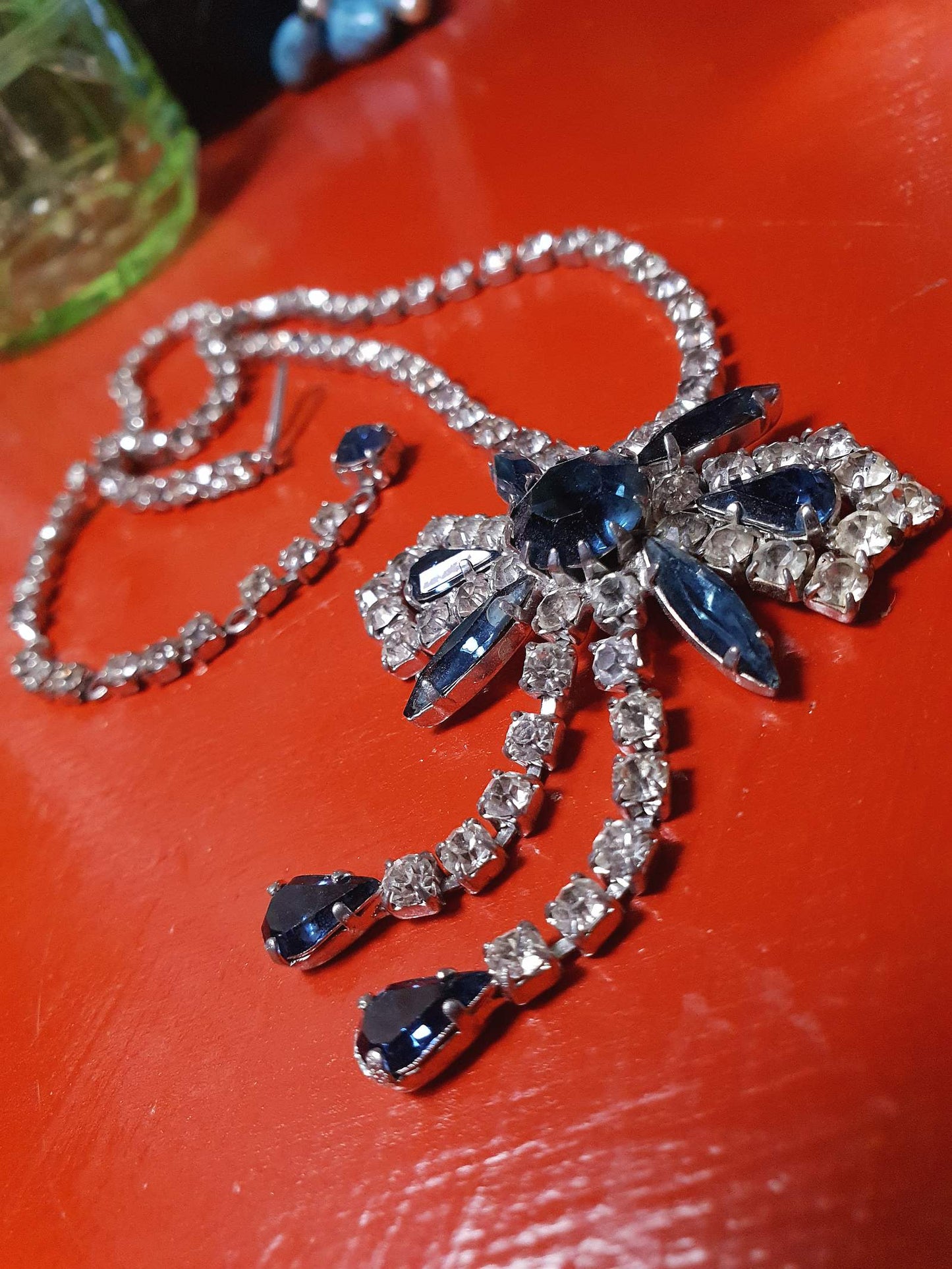 Vintage 1950s Rhinestone Bow Necklace Tassel Blue 15" - 17"