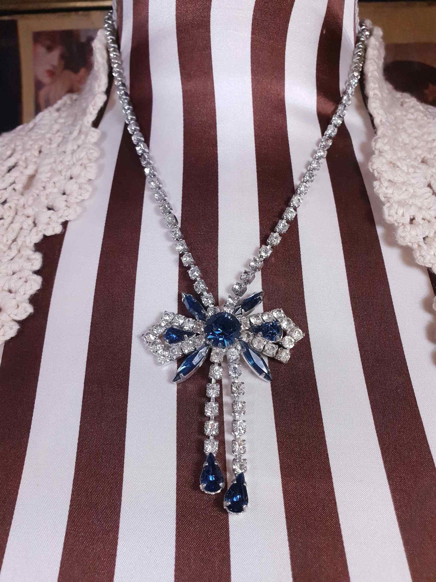 Vintage 1950s Rhinestone Bow Necklace Tassel Blue 15" - 17"
