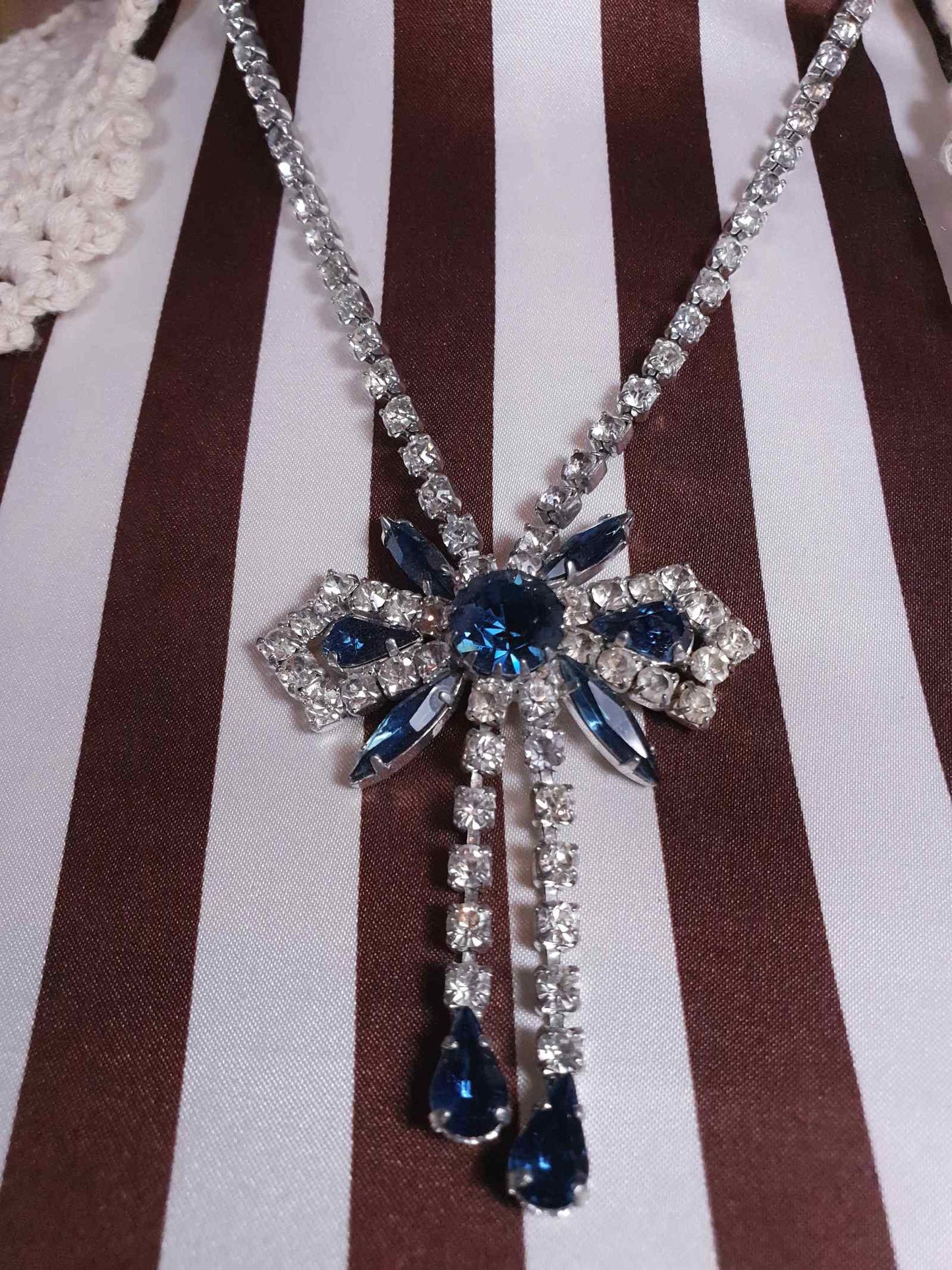 Vintage 1950s Rhinestone Bow Necklace Tassel Blue 15" - 17"