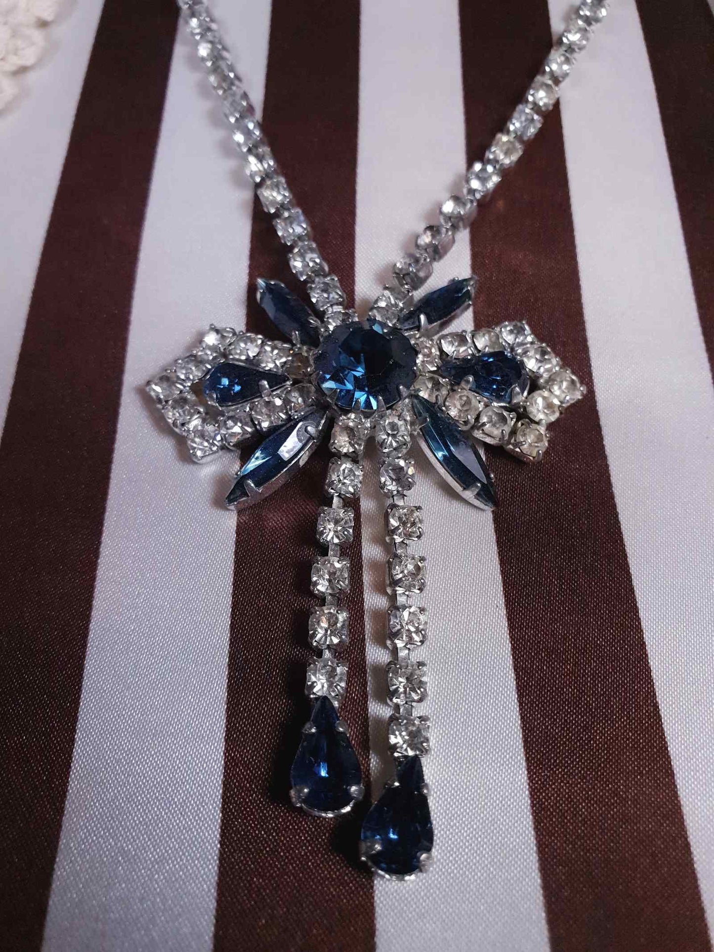 Vintage 1950s Rhinestone Bow Necklace Tassel Blue 15" - 17"