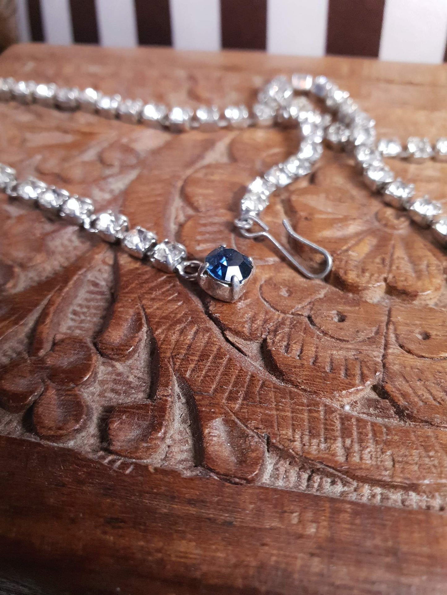Vintage 1950s Rhinestone Bow Necklace Tassel Blue 15" - 17"
