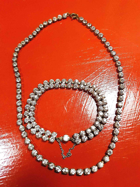 Vintage 1950s Rhinestone Necklace Bracelet Set Demi Parure Mid-Century