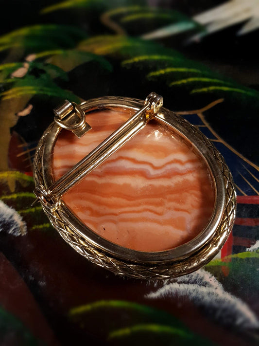 Vintage 1950s Agate Brooch Pendant Oval Orange Peach