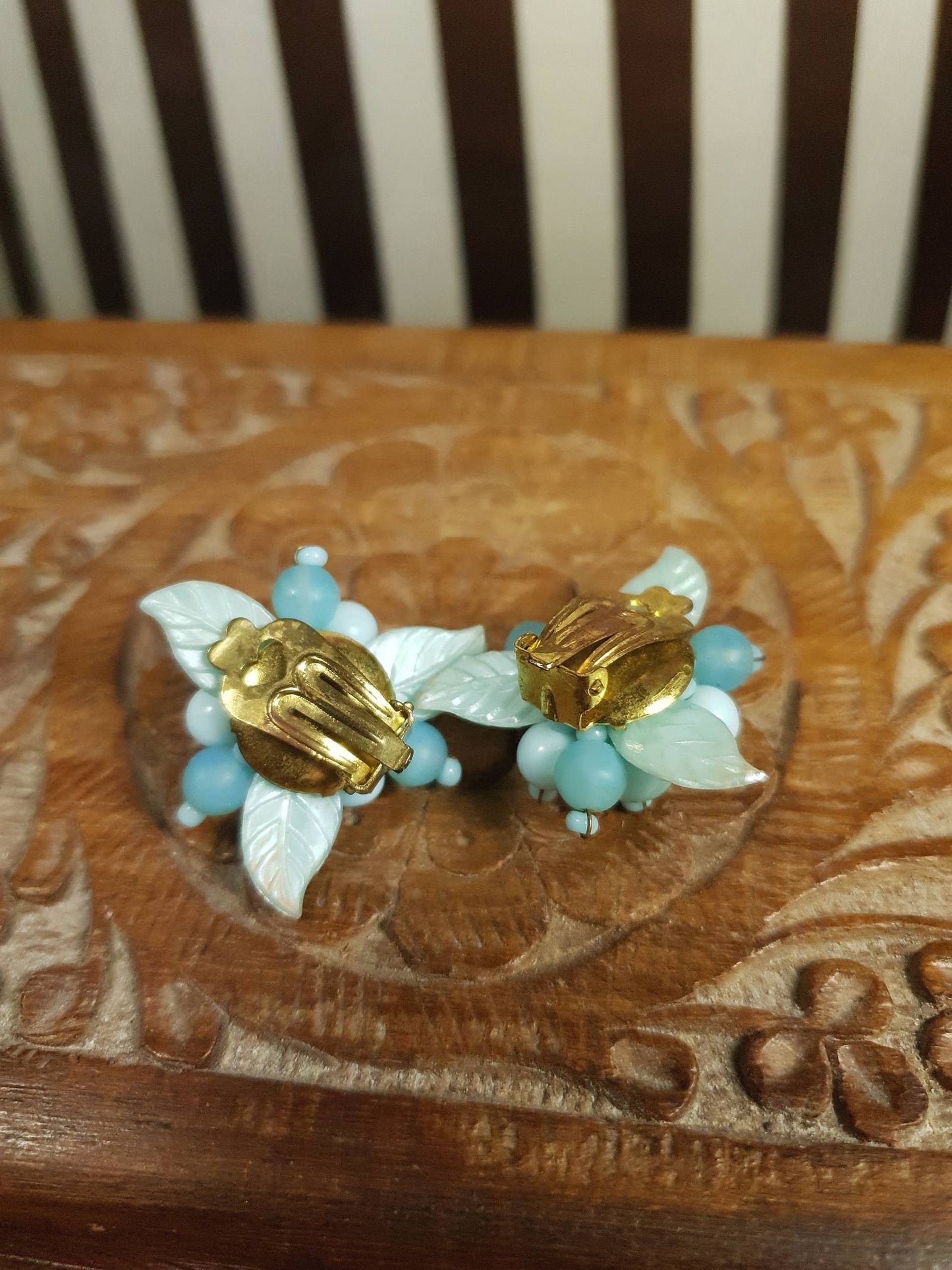 Vintage 1950s Blue Flower Leaf Earrings Retro Clip-Ons Mid-Century
