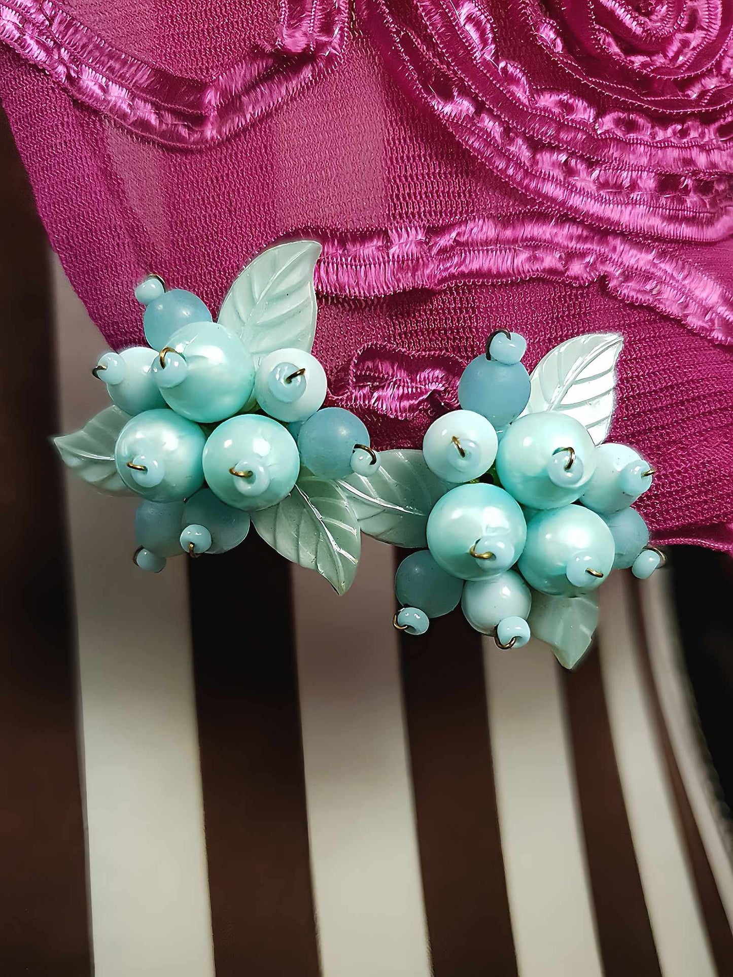 Vintage 1950s Blue Flower Leaf Earrings Retro Clip-Ons Mid-Century