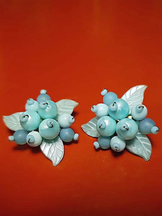 Vintage 1950s Blue Flower Leaf Earrings Retro Clip-Ons Mid-Century