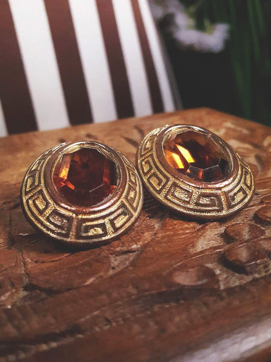 Vintage 1950s Oval Amber Glass Rhinestone Earrings Clip On Greek Key Mid-Century