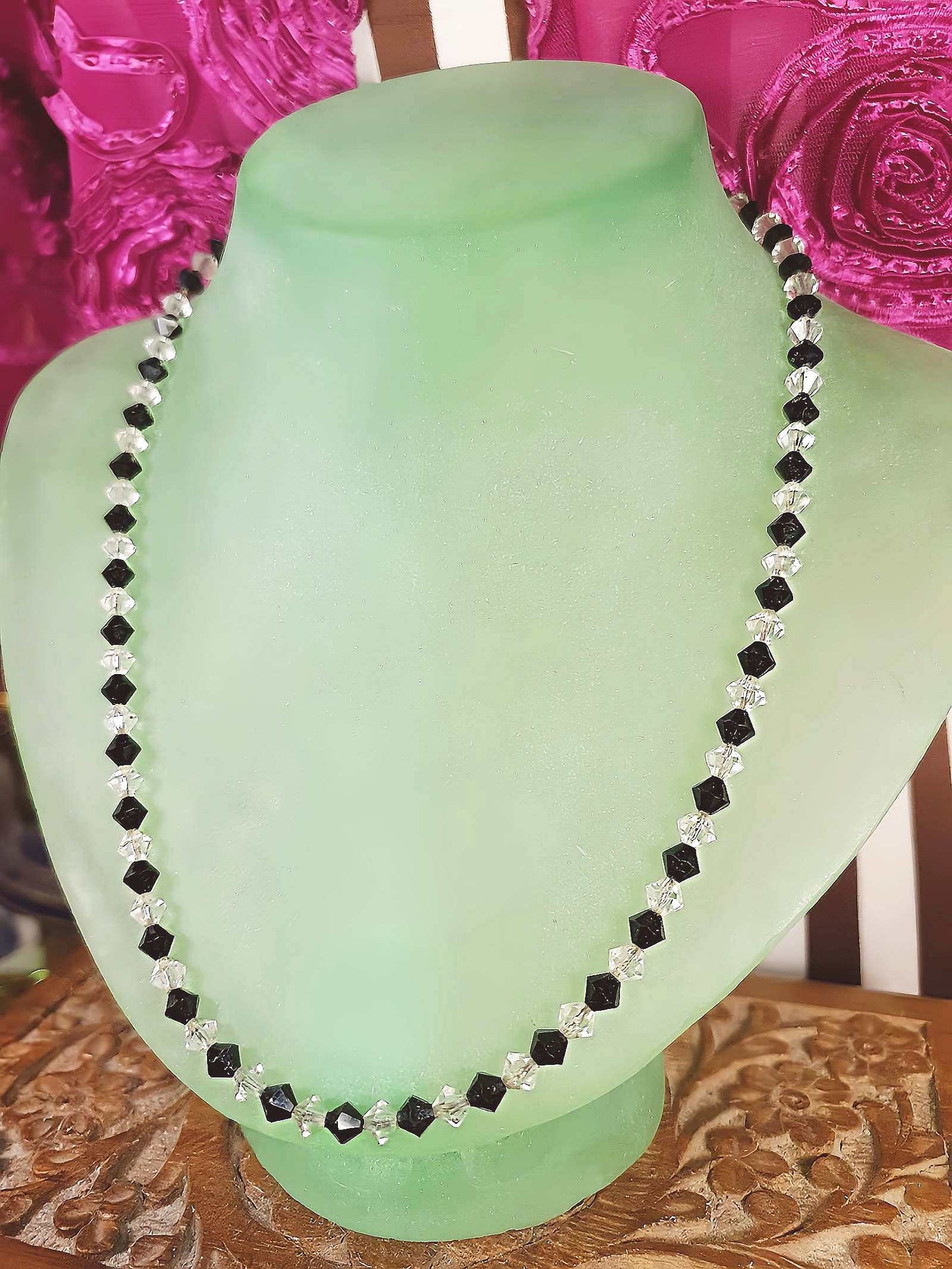 Vintage 1950s Crystal Necklace 18" Rhinestone Clear Black Mid-Century