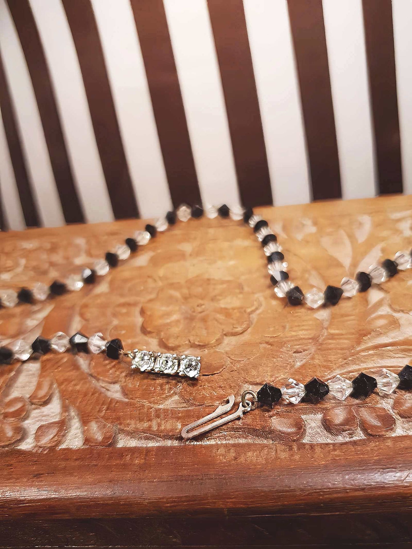 Vintage 1950s Crystal Necklace 18" Rhinestone Clear Black Mid-Century
