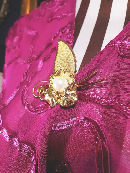 Vintage 1950s Faux Pearl Brooch French Flower Leaf Corsage Gold Tone Mid-Century