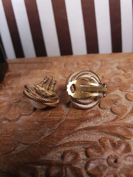 Vintage 1960s Faux Pearl Earrings Rope Design Gold Tone Clip-On Retro