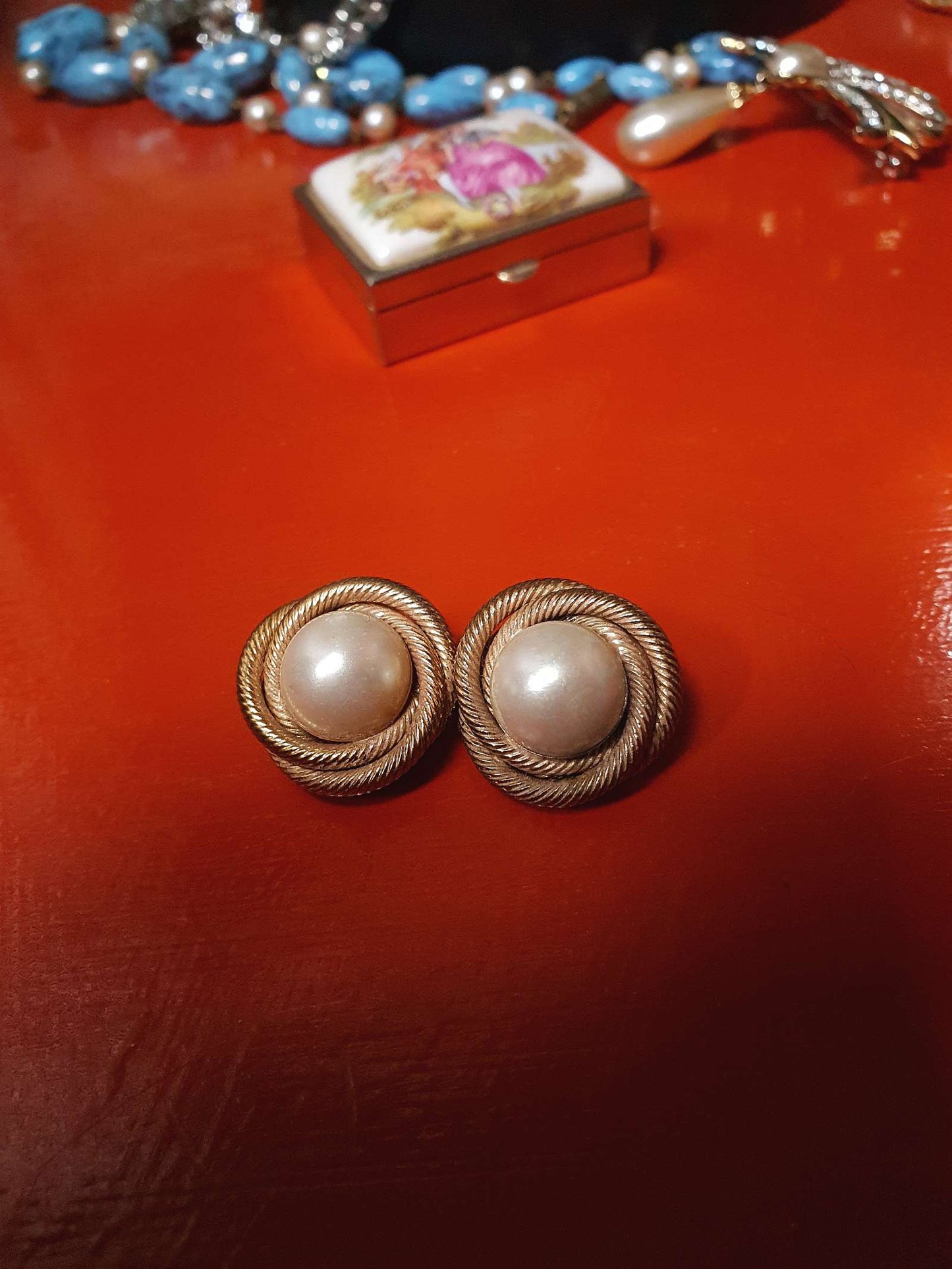 Vintage 1960s Faux Pearl Earrings Rope Design Gold Tone Clip-On Retro