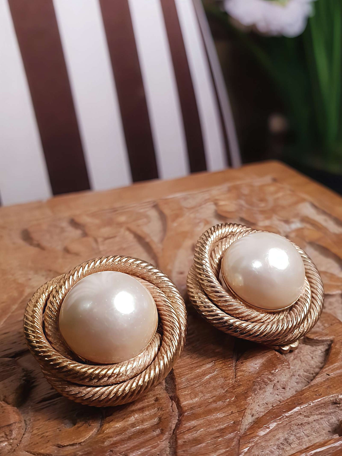 Vintage 1960s Faux Pearl Earrings Rope Design Gold Tone Clip-On Retro