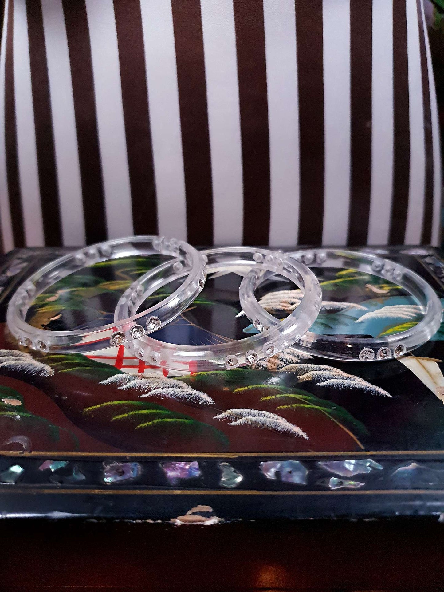 Vintage 1950s Lucite Rhinestone Bangles Set Of Three Bracelets Clear