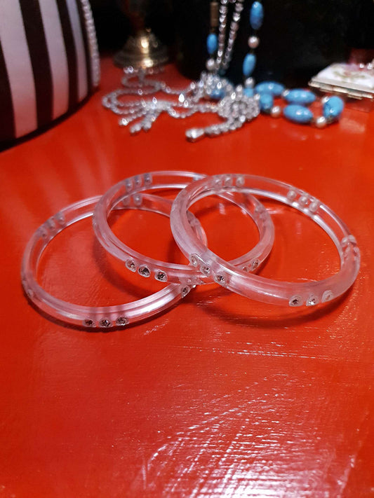 Vintage 1950s Lucite Rhinestone Bangles Set Of Three Bracelets Clear
