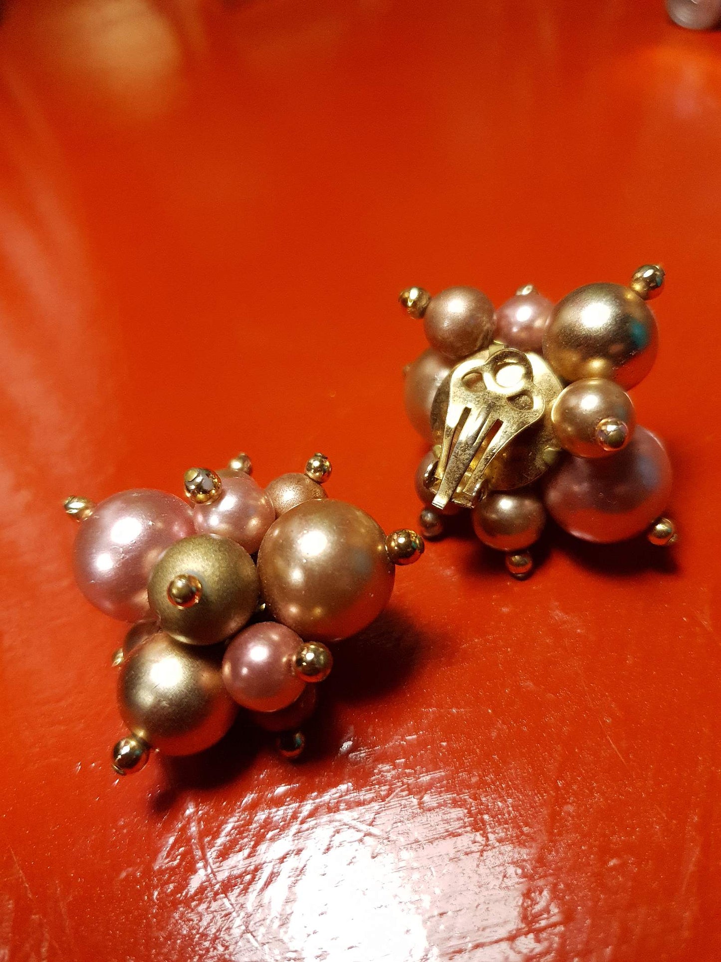 Vintage 1950s Mid Century Earrings Faux Pearl Atomic Sputnik Pink Gold
