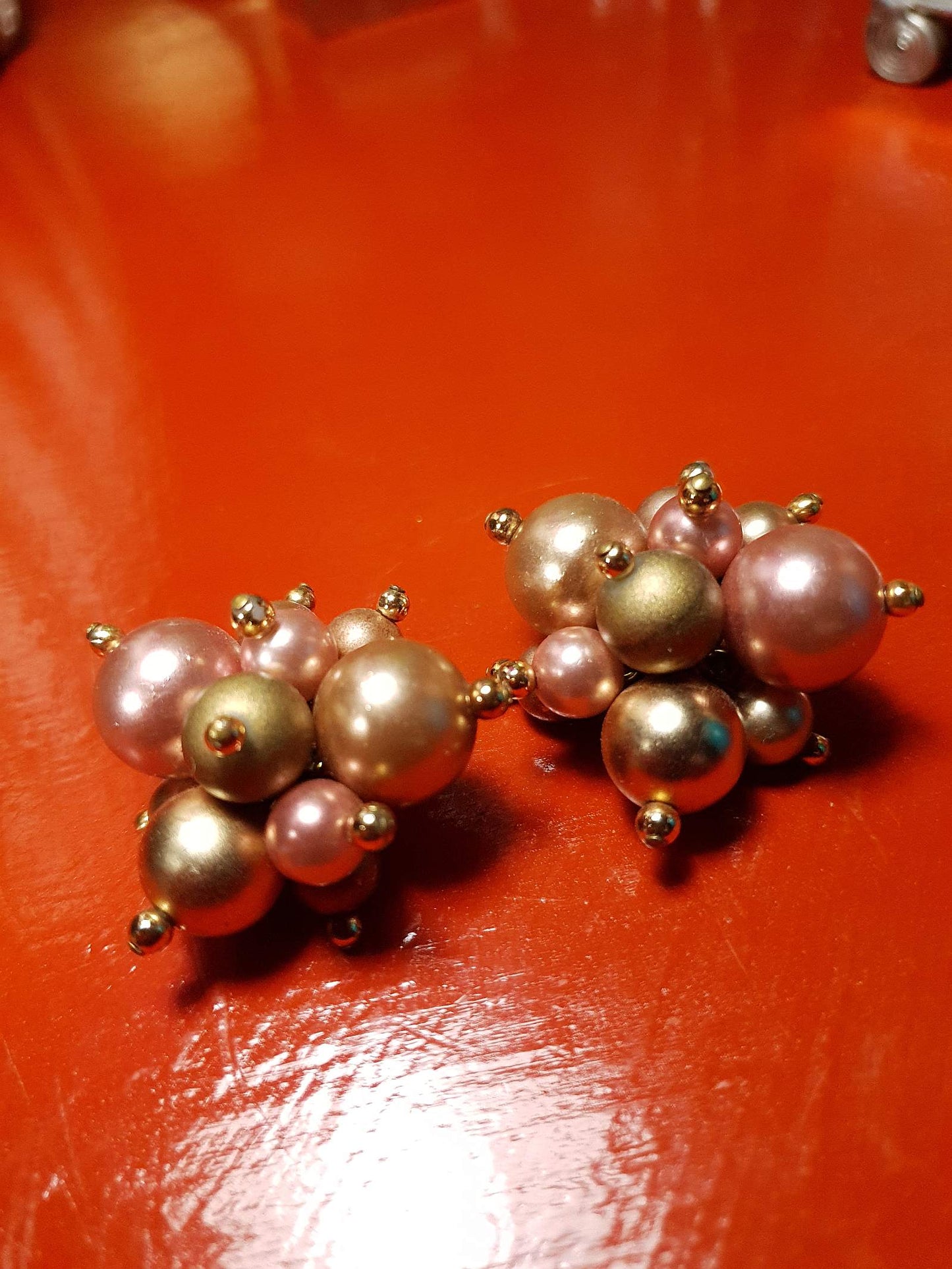 Vintage 1950s Mid Century Earrings Faux Pearl Atomic Sputnik Pink Gold