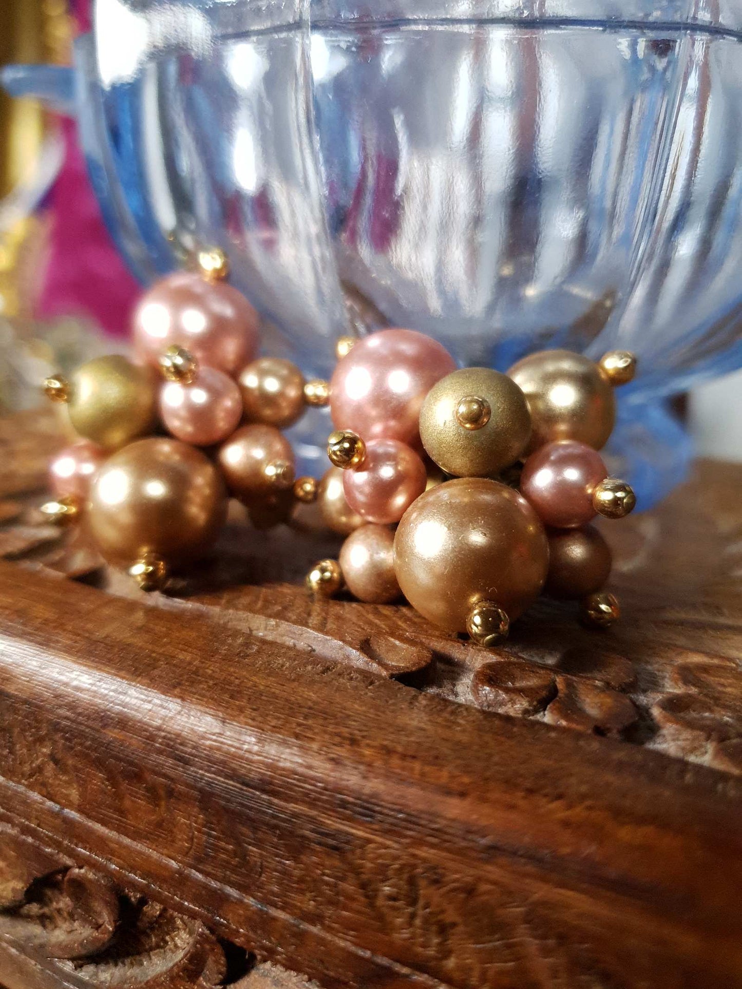 Vintage 1950s Mid Century Earrings Faux Pearl Atomic Sputnik Pink Gold
