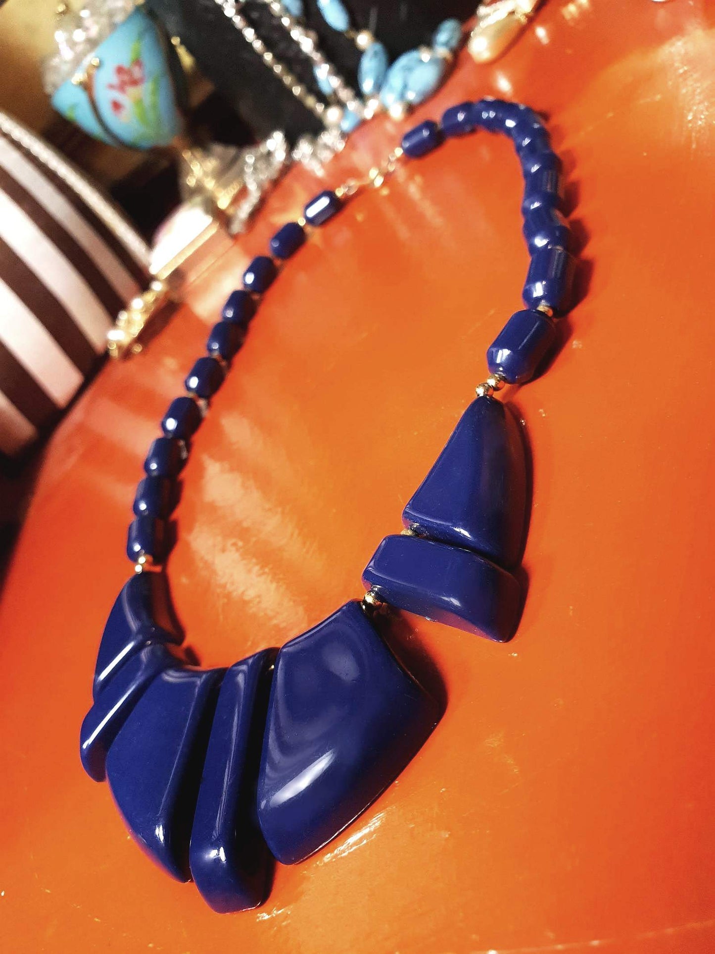 Vintage 1950s Modernist Necklace 18" MCM Navy Blue Resin Gold Tone