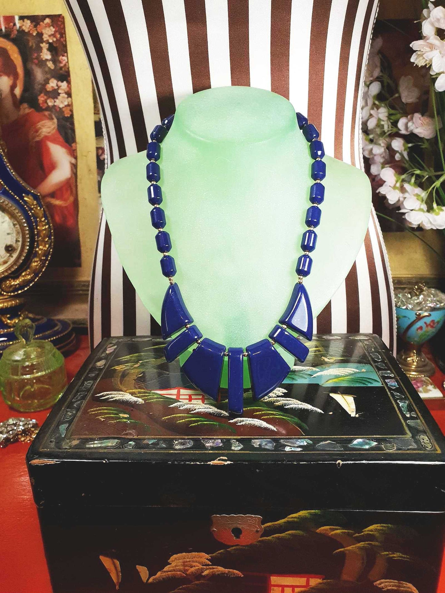 Vintage 1950s Modernist Necklace 18" MCM Navy Blue Resin Gold Tone