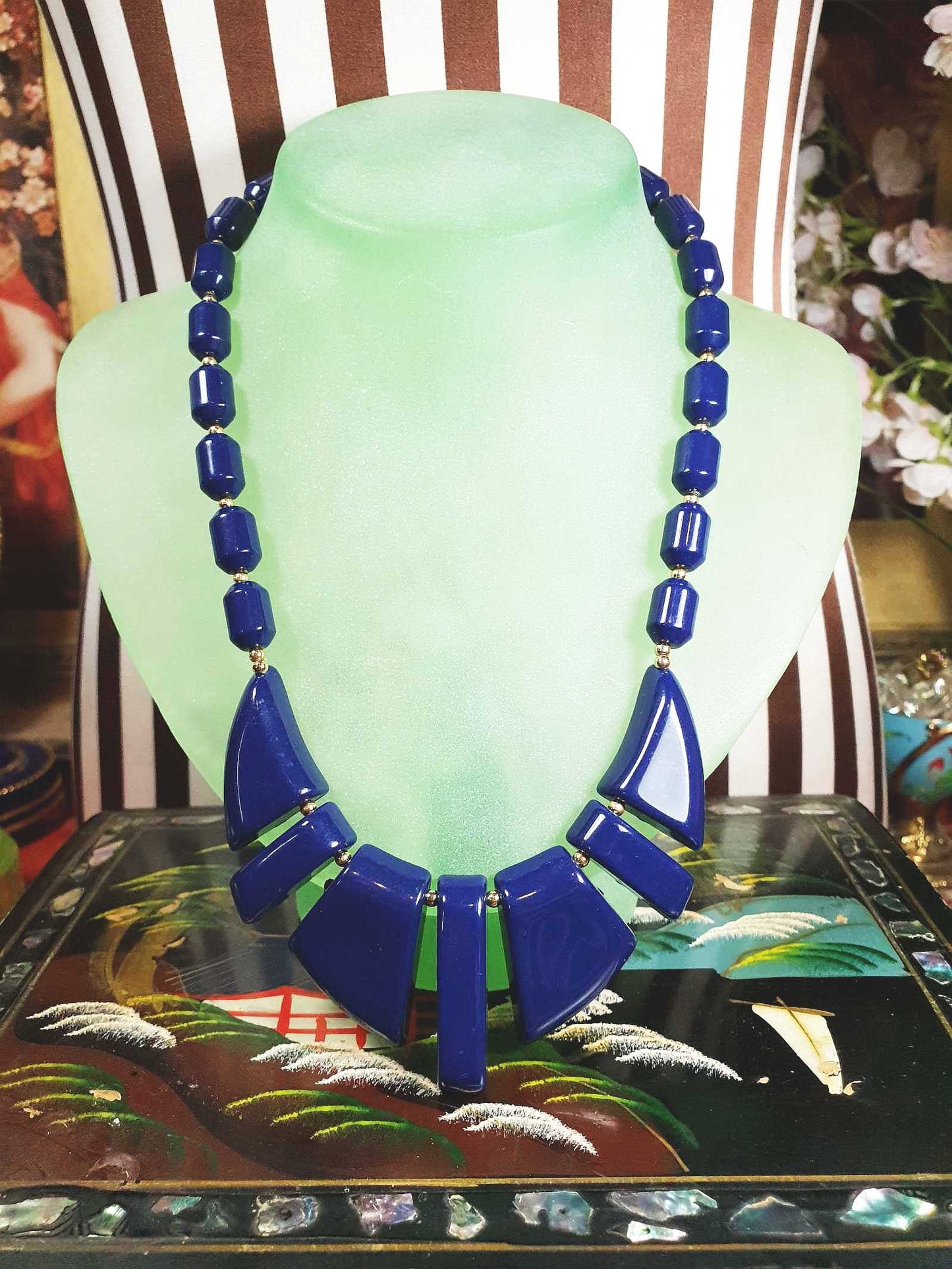 Vintage 1950s Modernist Necklace 18" MCM Navy Blue Resin Gold Tone