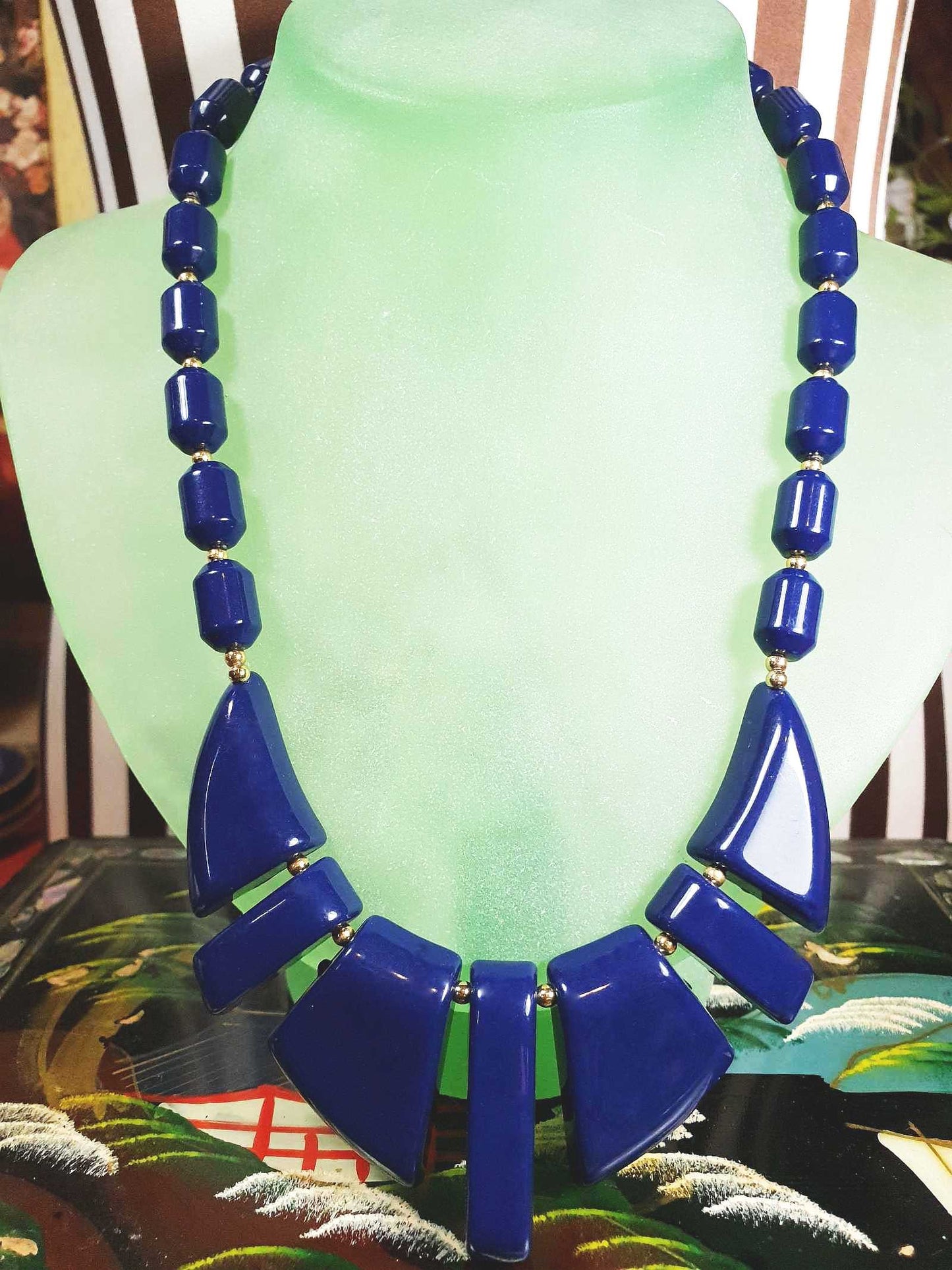 Vintage 1950s Modernist Necklace 18" MCM Navy Blue Resin Gold Tone
