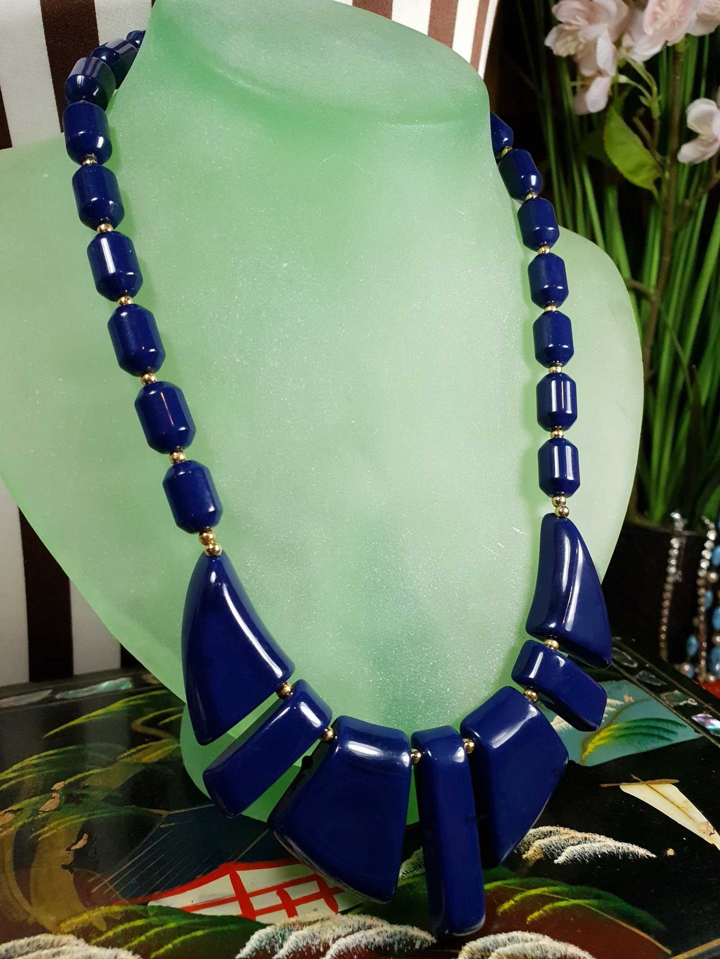 Vintage 1950s Modernist Necklace 18" MCM Navy Blue Resin Gold Tone