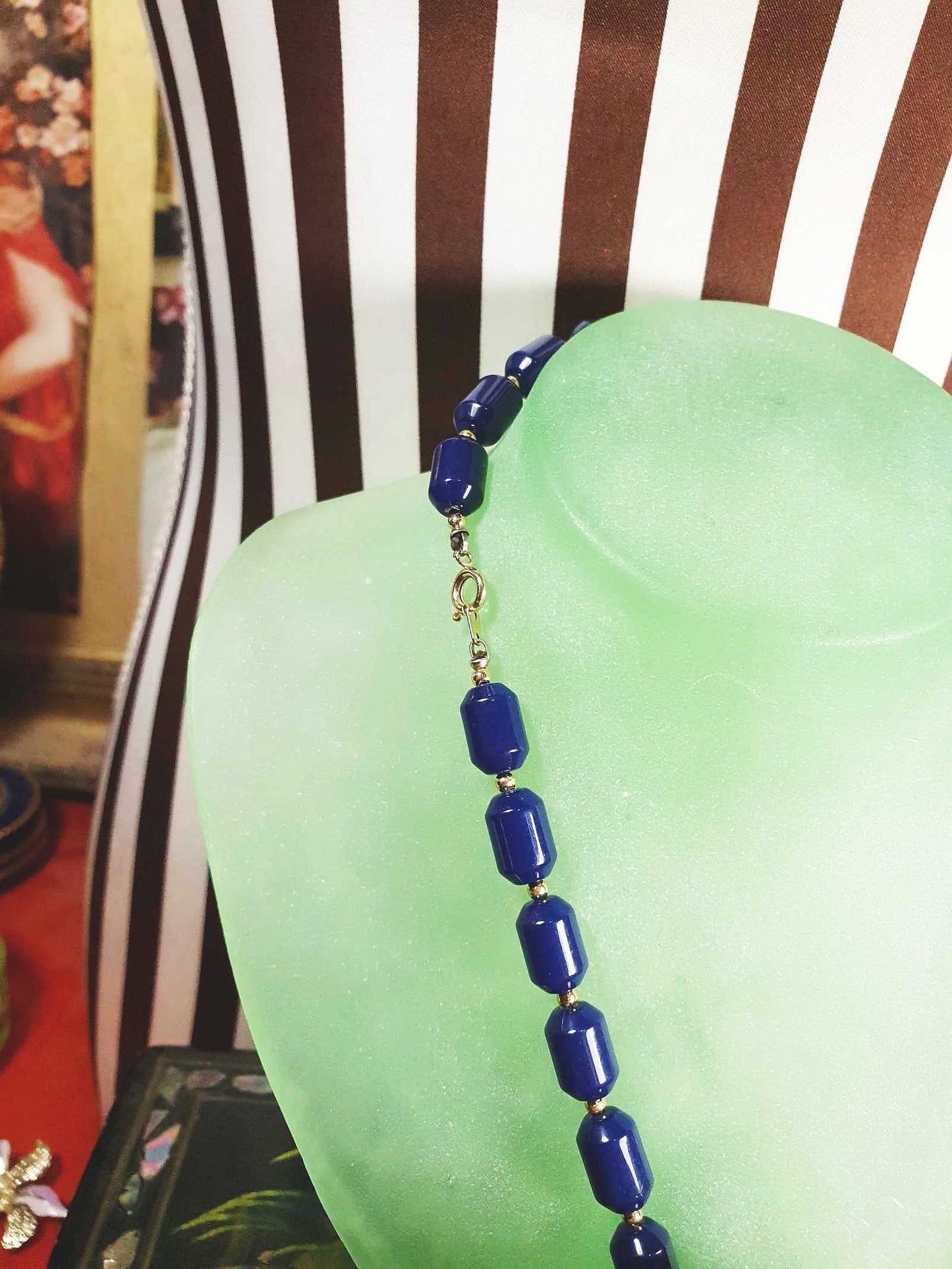 Vintage 1950s Modernist Necklace 18" MCM Navy Blue Resin Gold Tone