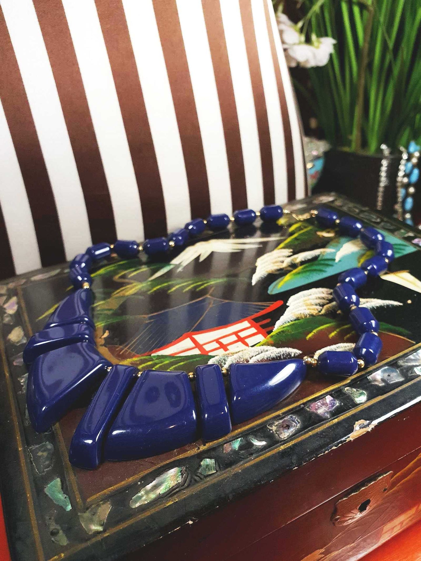 Vintage 1950s Modernist Necklace 18" MCM Navy Blue Resin Gold Tone