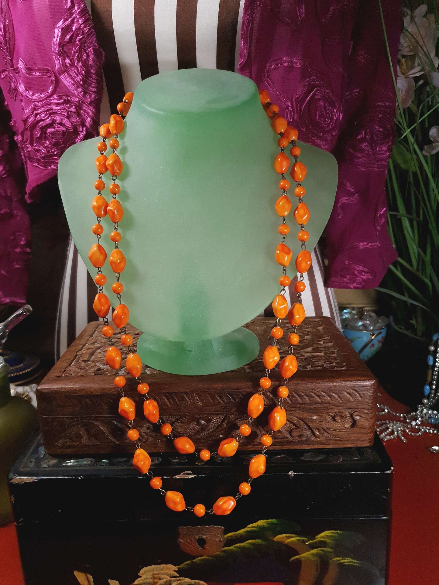 Vintage 1950s Necklace 25" Orange Ceramic Beads Two Tier West Germany