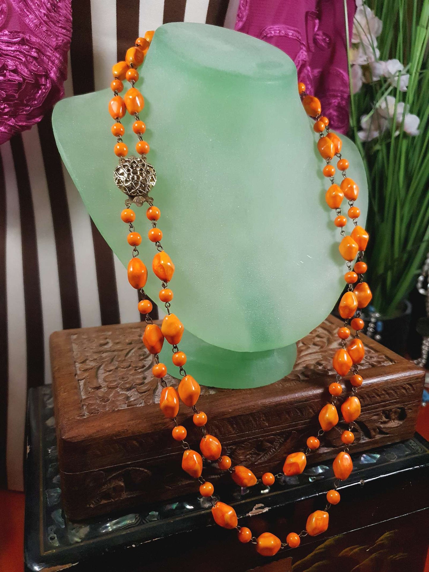 Vintage 1950s Necklace 25" Orange Ceramic Beads Two Tier West Germany