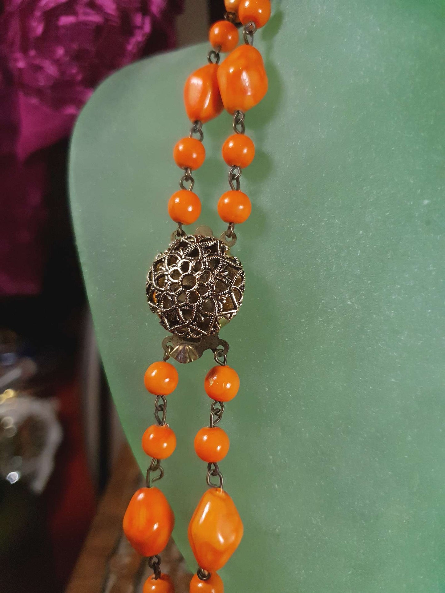Vintage 1950s Necklace 25" Orange Ceramic Beads Two Tier West Germany