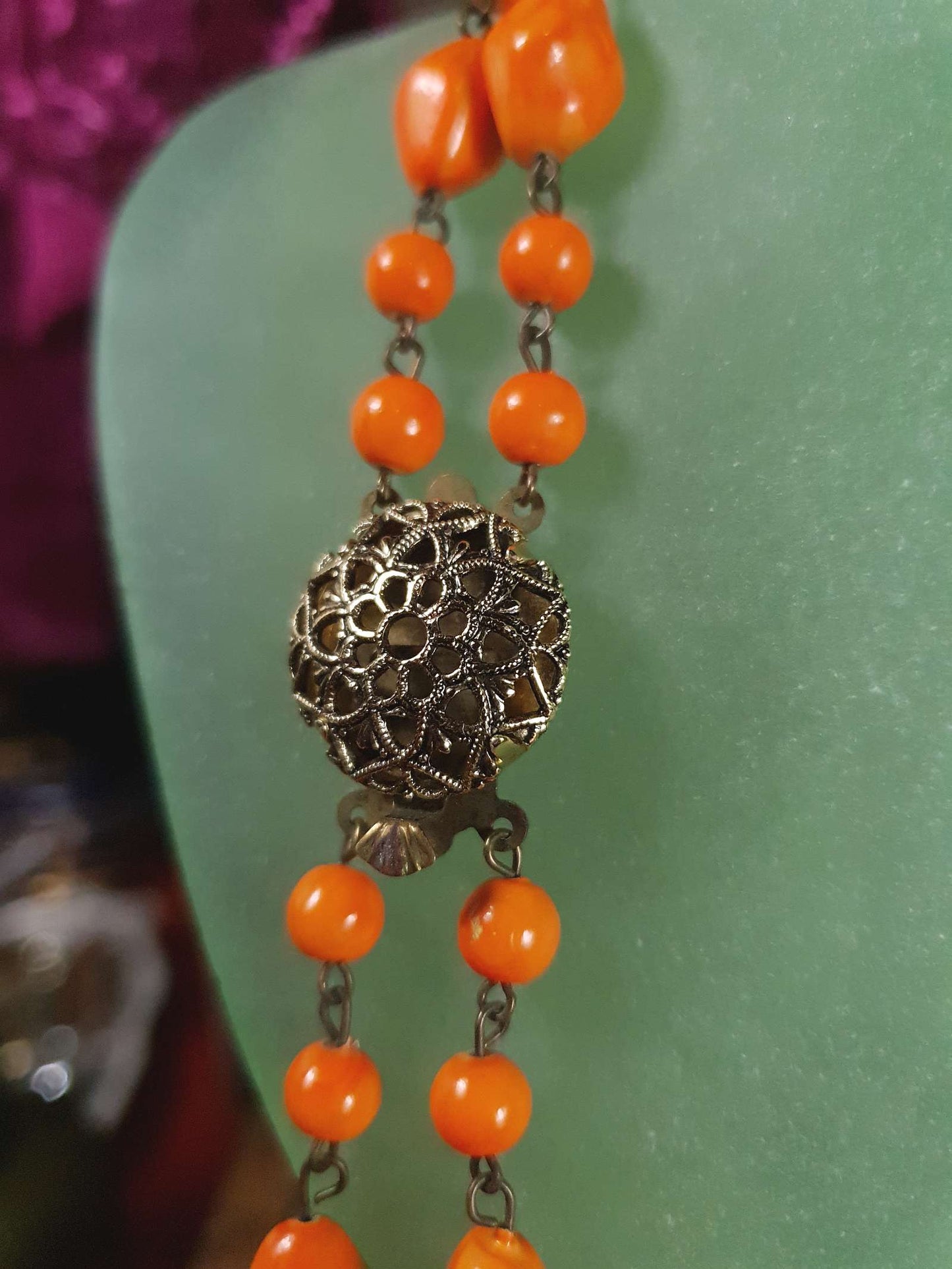 Vintage 1950s Necklace 25" Orange Ceramic Beads Two Tier West Germany