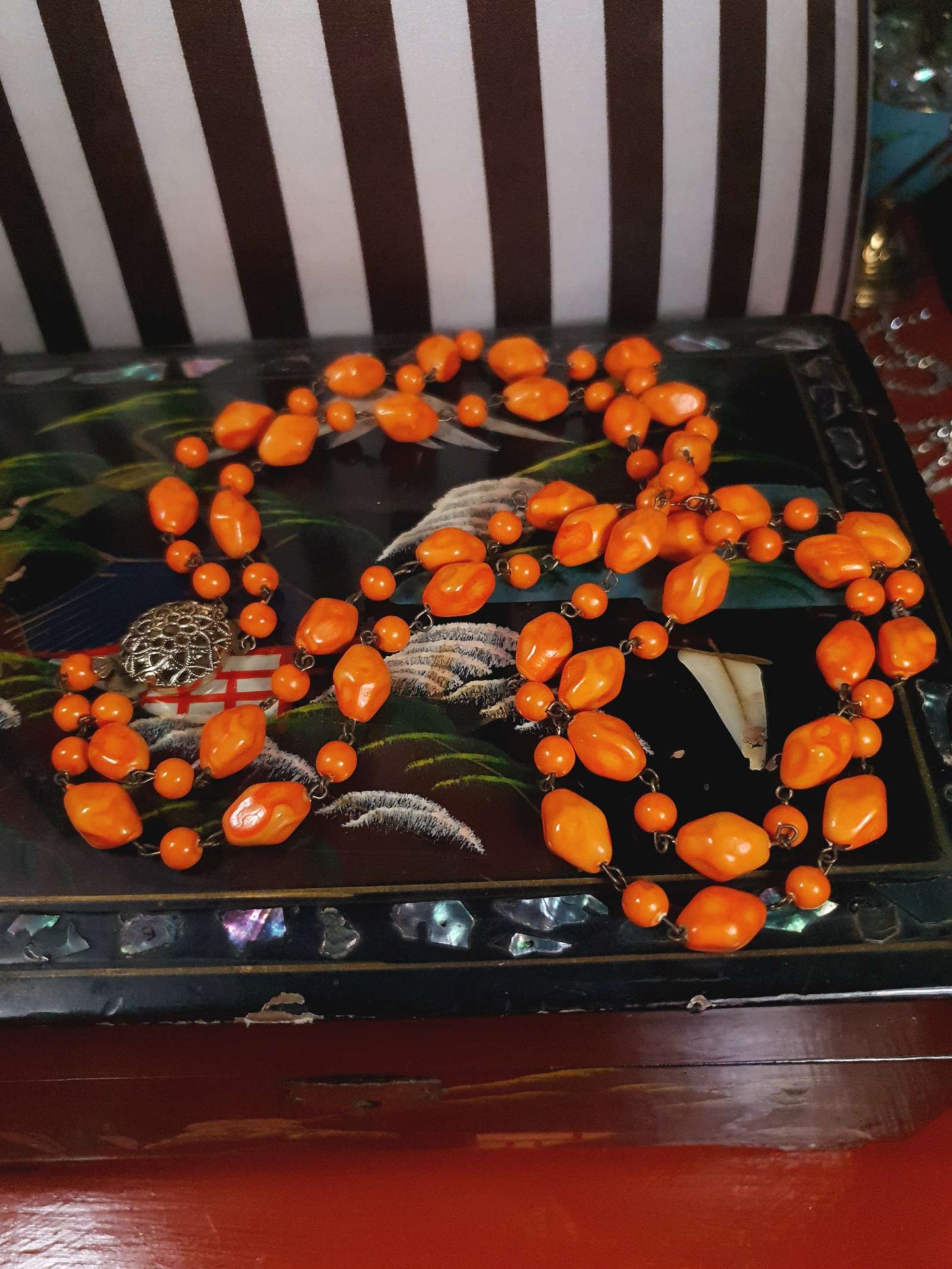 Vintage 1950s Necklace 25" Orange Ceramic Beads Two Tier West Germany