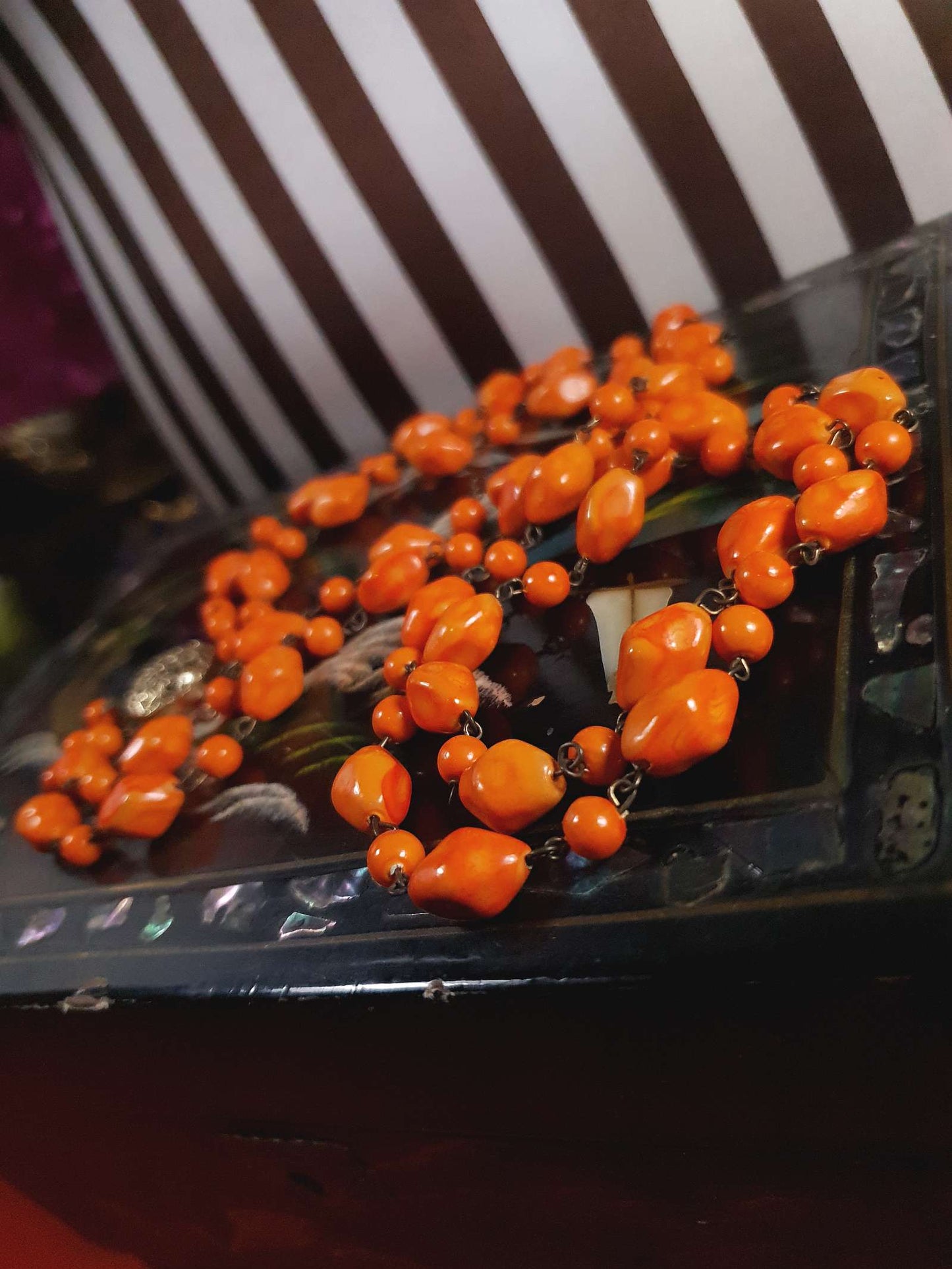 Vintage 1950s Necklace 25" Orange Ceramic Beads Two Tier West Germany