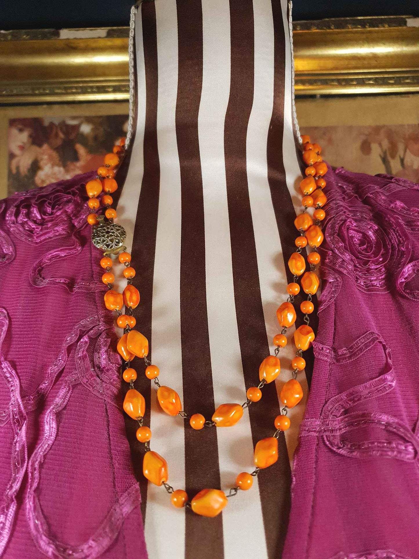 Vintage 1950s Necklace 25" Orange Ceramic Beads Two Tier West Germany