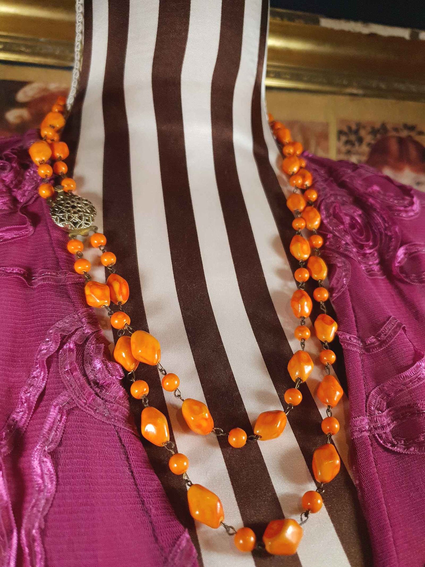 Vintage 1950s Necklace 25" Orange Ceramic Beads Two Tier West Germany