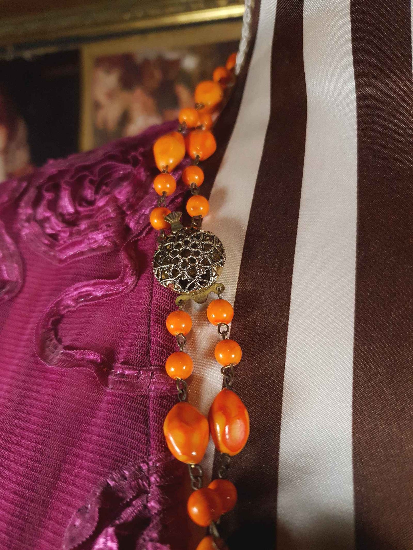 Vintage 1950s Necklace 25" Orange Ceramic Beads Two Tier West Germany